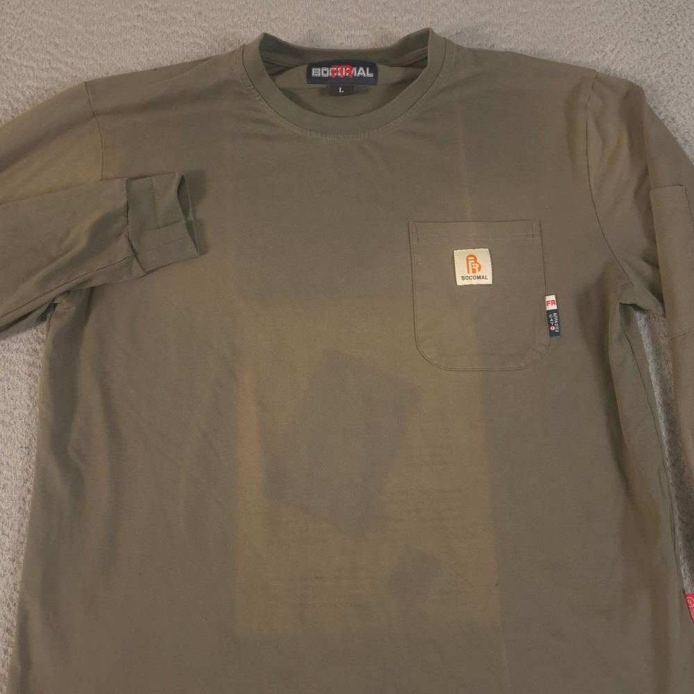 Bocomal Shirt Mens Large Olive Flame Resistant Long Sleeve Work Pocket Cotton
